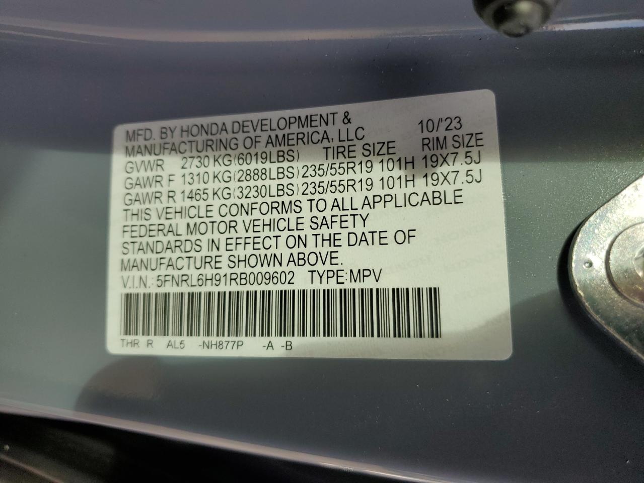 5FNRL6H91RB009602 2024 Honda Odyssey Elite