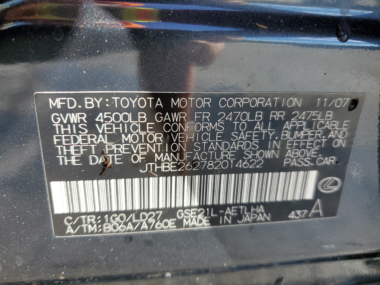 JTHBE262782014622 2008 Lexus Is 350