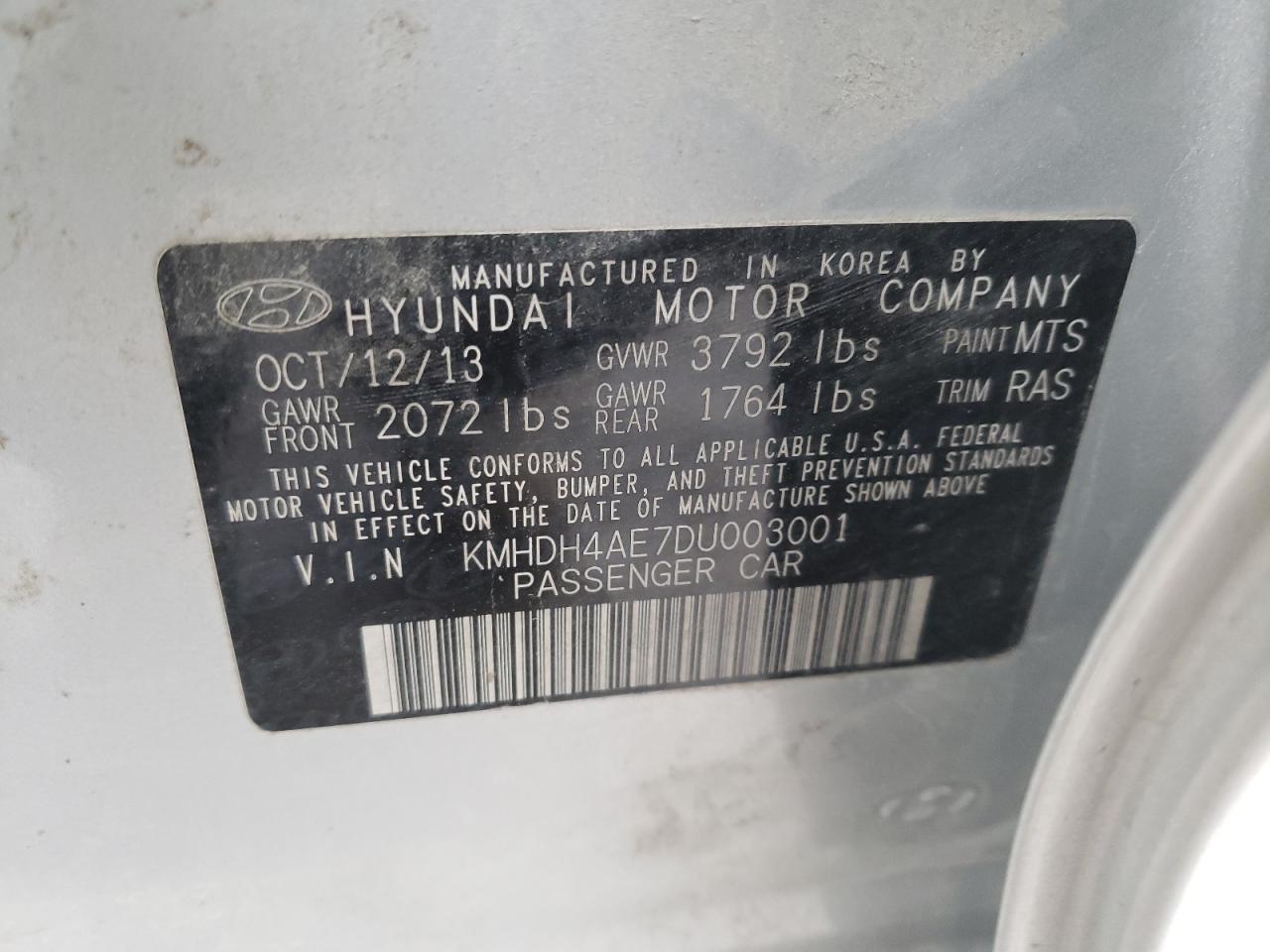 KMHDH4AE7DU003001 2013 Hyundai Elantra Gls