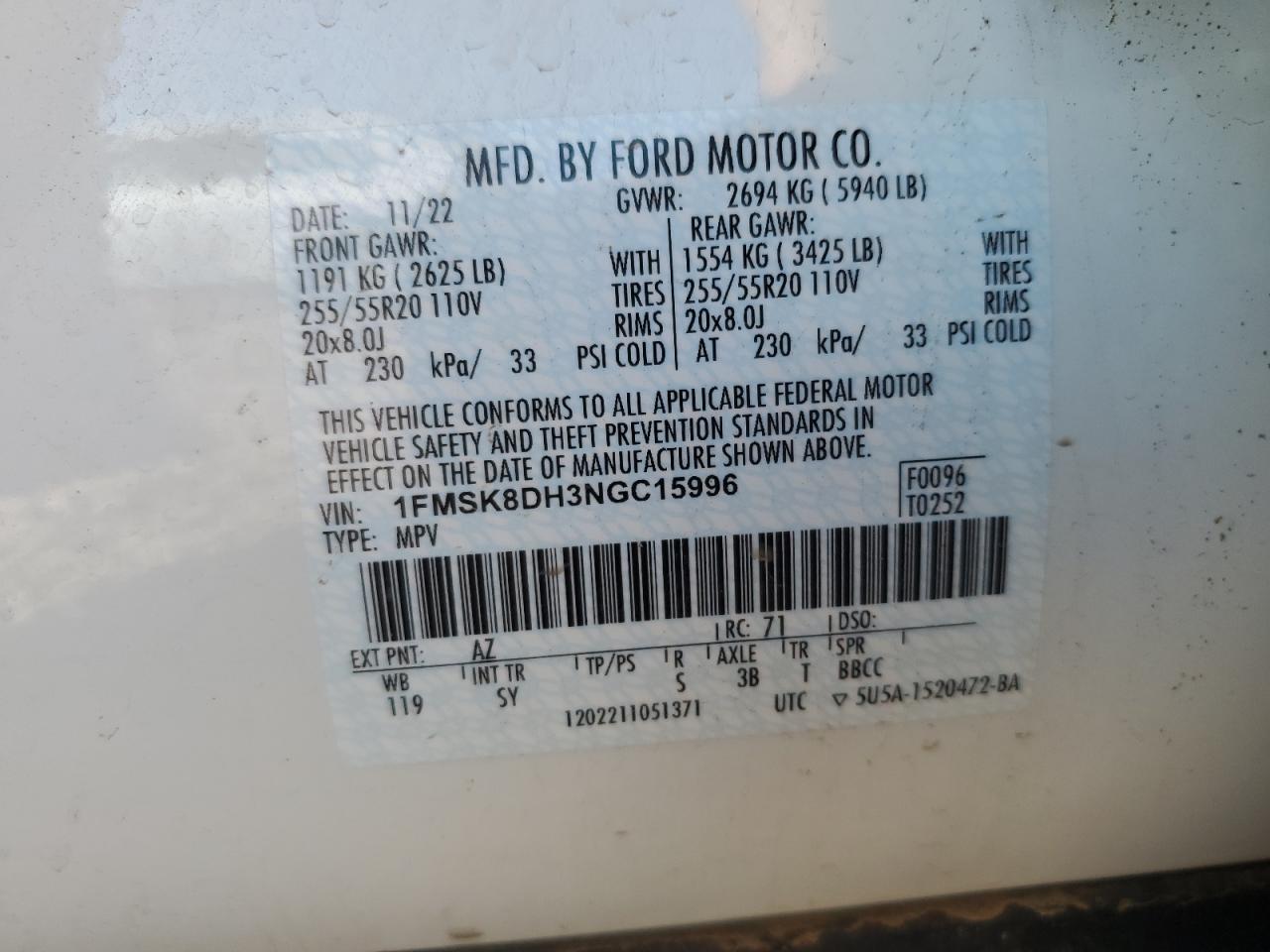 2022 Ford Explorer Xlt VIN: 1FMSK8DH3NGC15996 Lot: 67791324