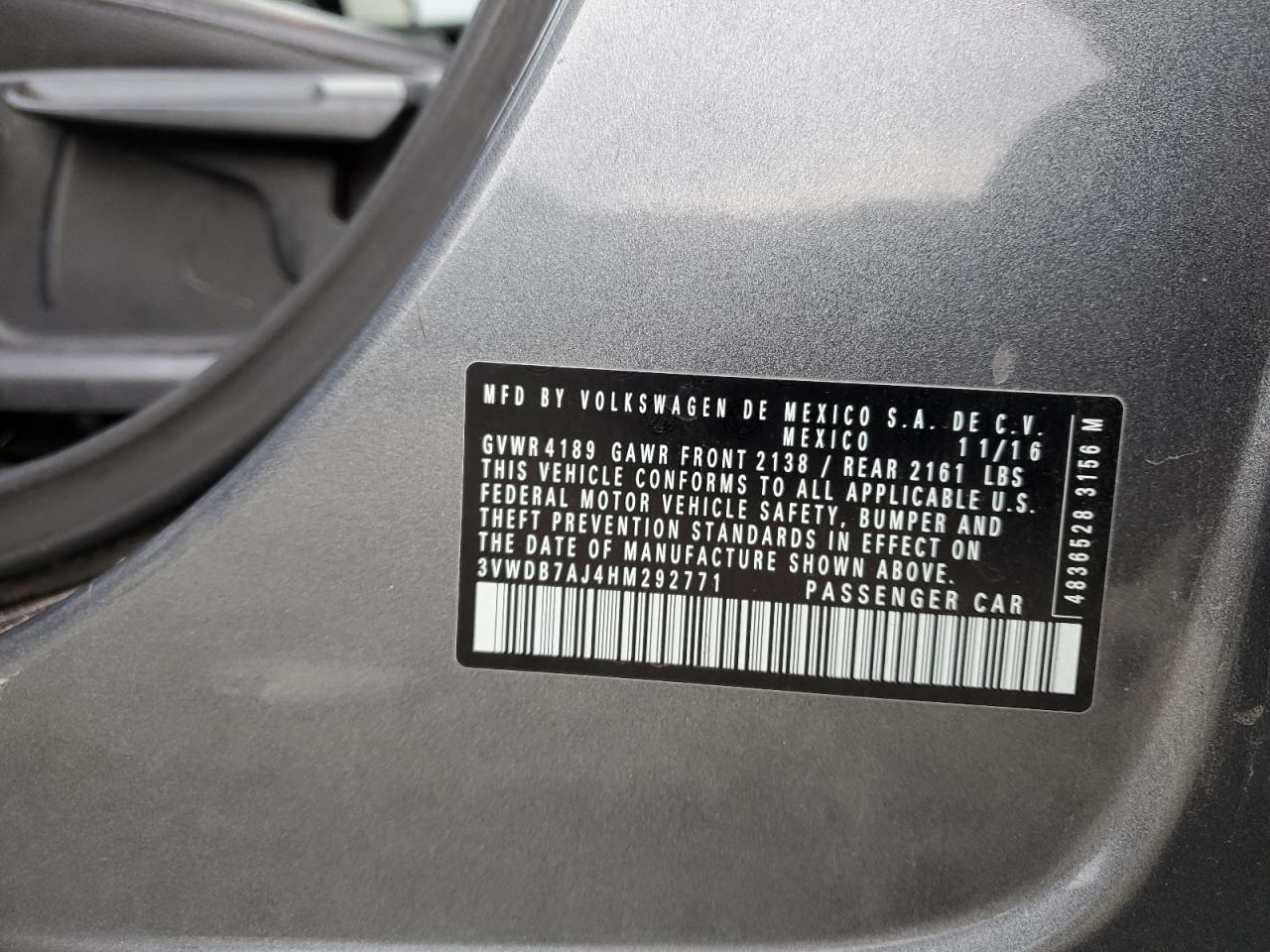 2017 Volkswagen Jetta Se VIN: 3VWDB7AJ4HM292771 Lot: 39140474