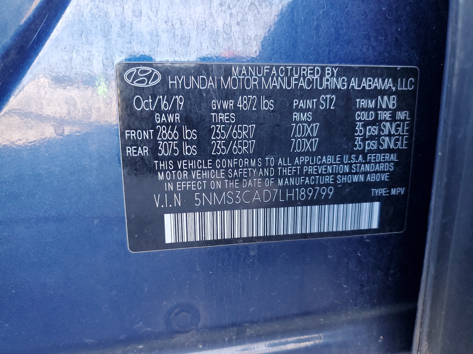 5NMS3CAD7LH189799 2020 Hyundai Santa Fe Sel