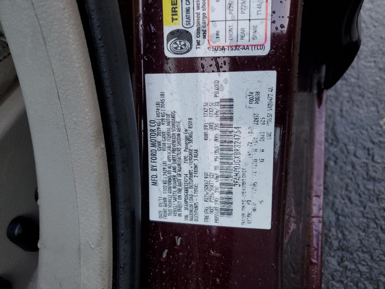 2011 Ford Fusion Sel VIN: 3FAHP0JGXBR324754 Lot: 82733693