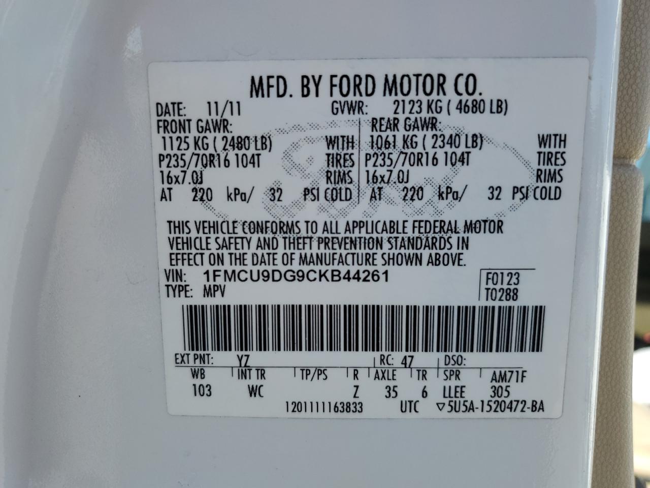 2012 Ford Escape Xlt VIN: 1FMCU9DG9CKB44261 Lot: 39196294