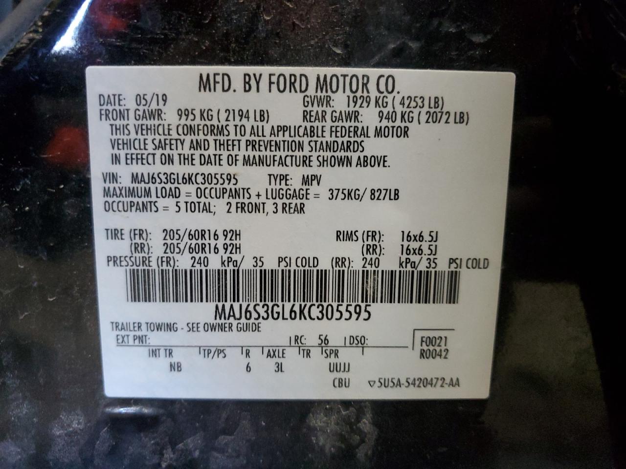 MAJ6S3GL6KC305595 2019 Ford Ecosport Se