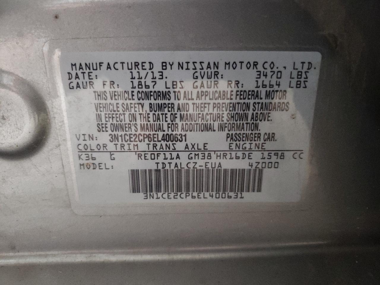 3N1CE2CP6EL400631 2014 Nissan Versa Note S