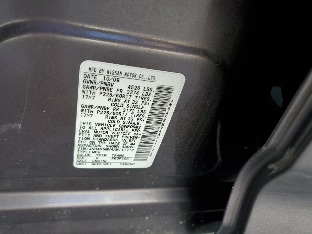 2010 Nissan Rogue S VIN: JN8AS5MV4AW111719 Lot: 38333704