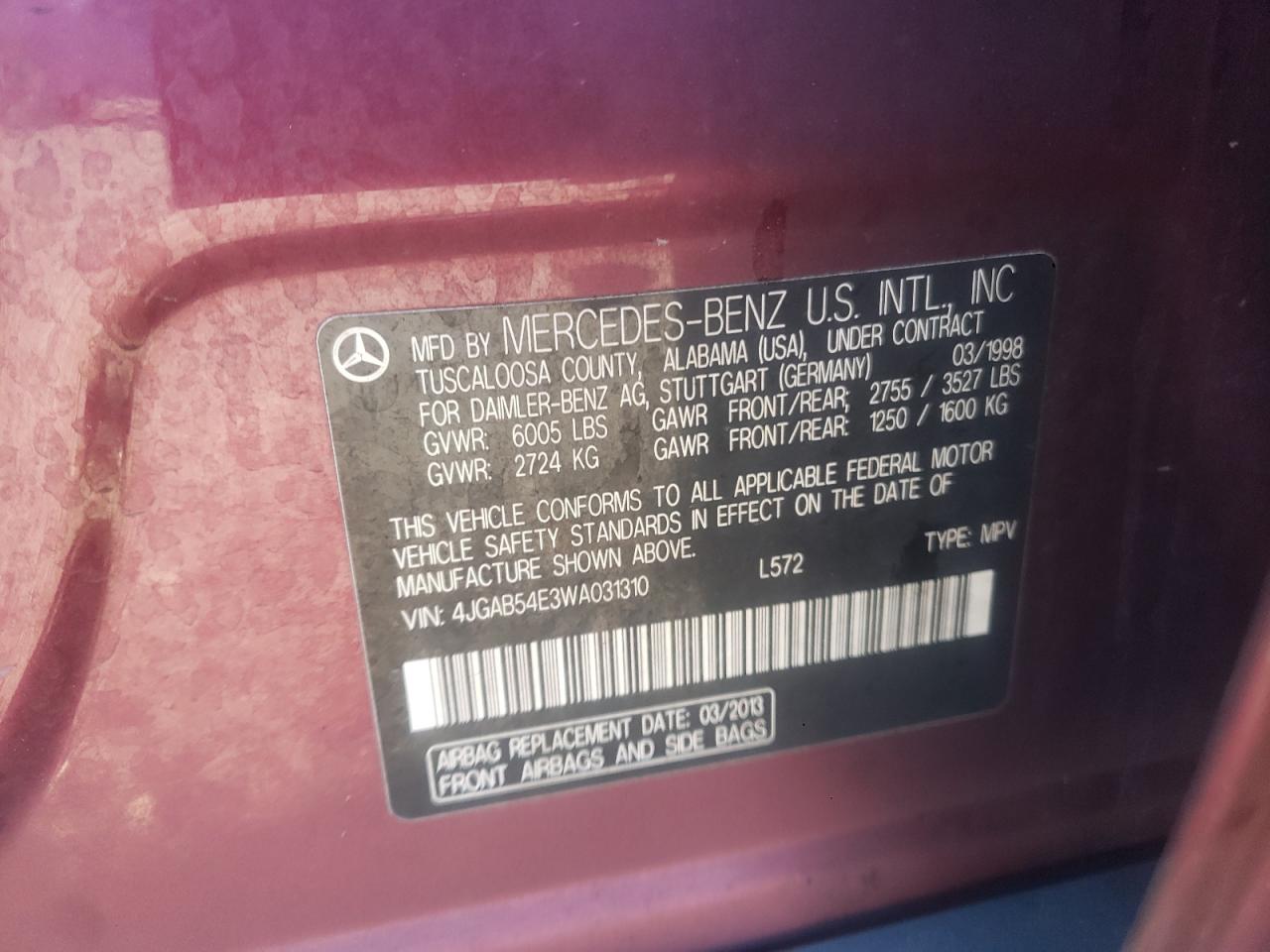 4JGAB54E3WA031310 1998 Mercedes-Benz Ml 320