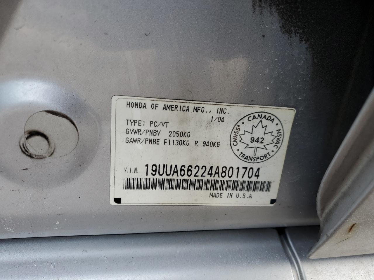 2004 Acura Tl VIN: 19UUA66224A801704 Lot: 39466104