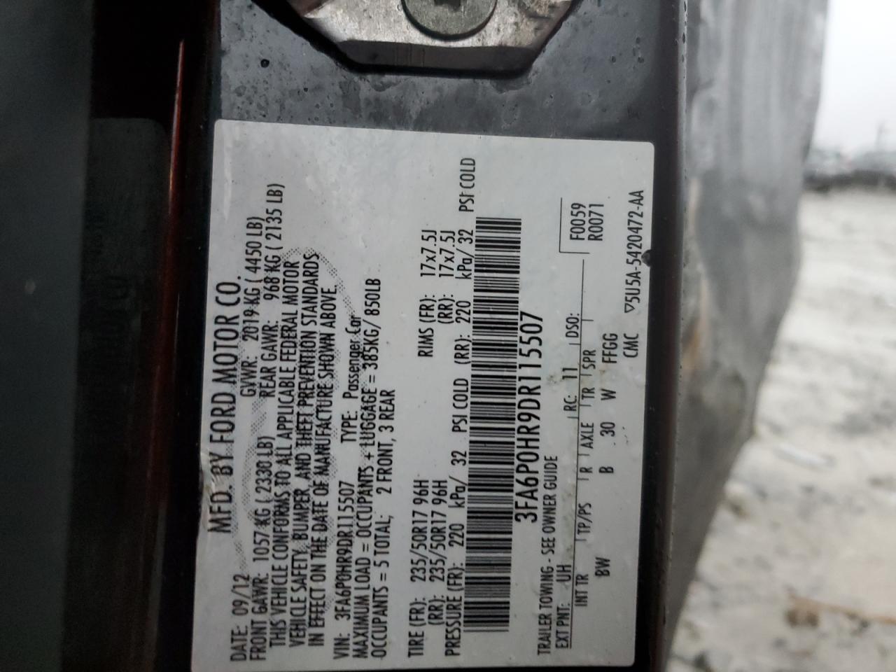 2013 Ford Fusion Se VIN: 3FA6P0HR9DR115507 Lot: 39285594