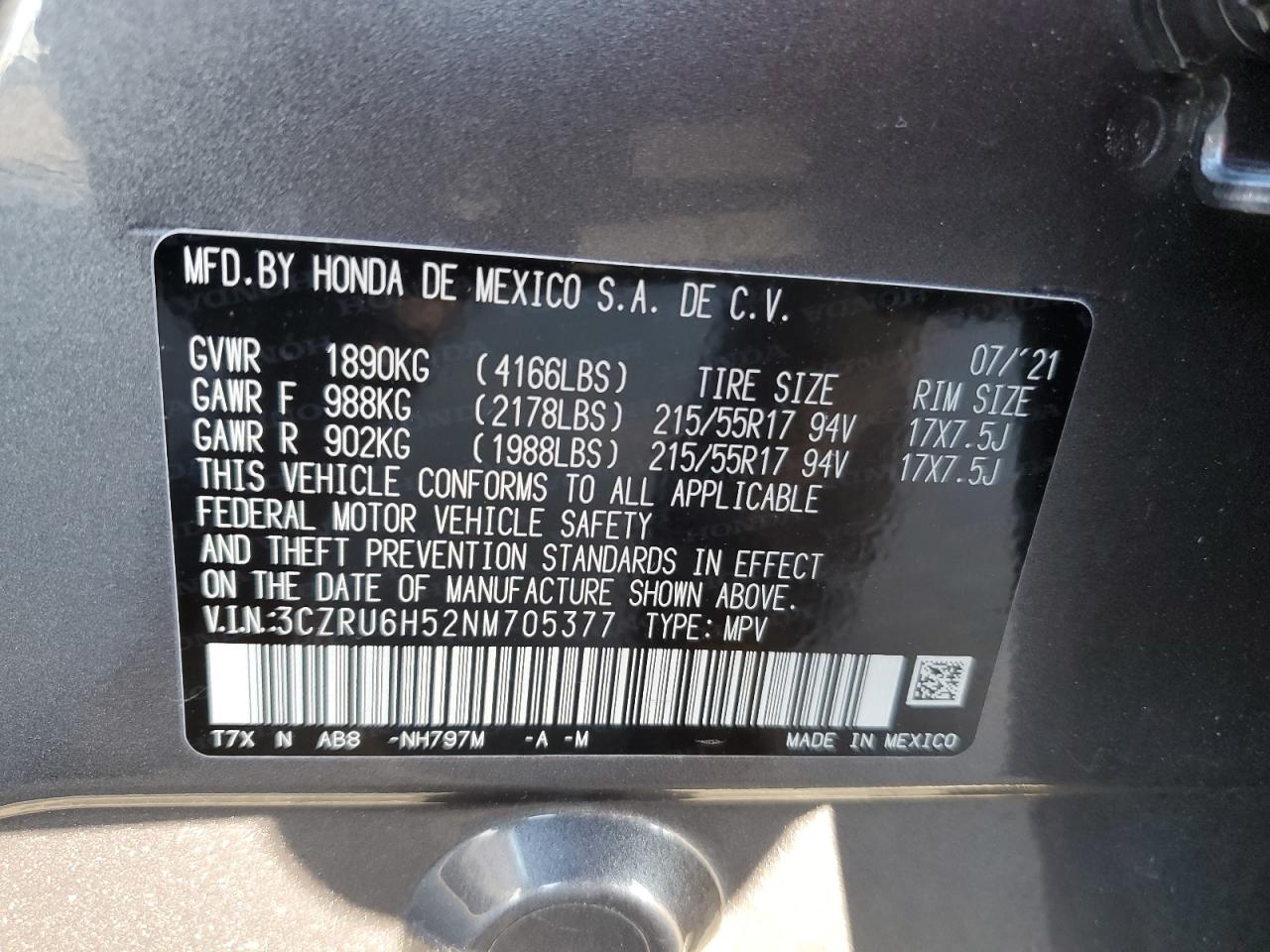 3CZRU6H52NM705377 2022 Honda Hr-V Ex