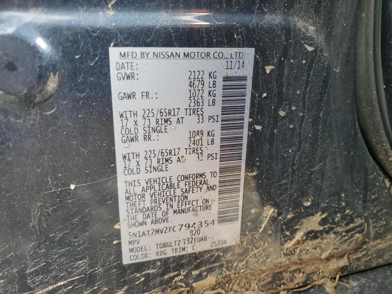 2015 Nissan Rogue S VIN: 5N1AT2MV2FC794354 Lot: 69603694