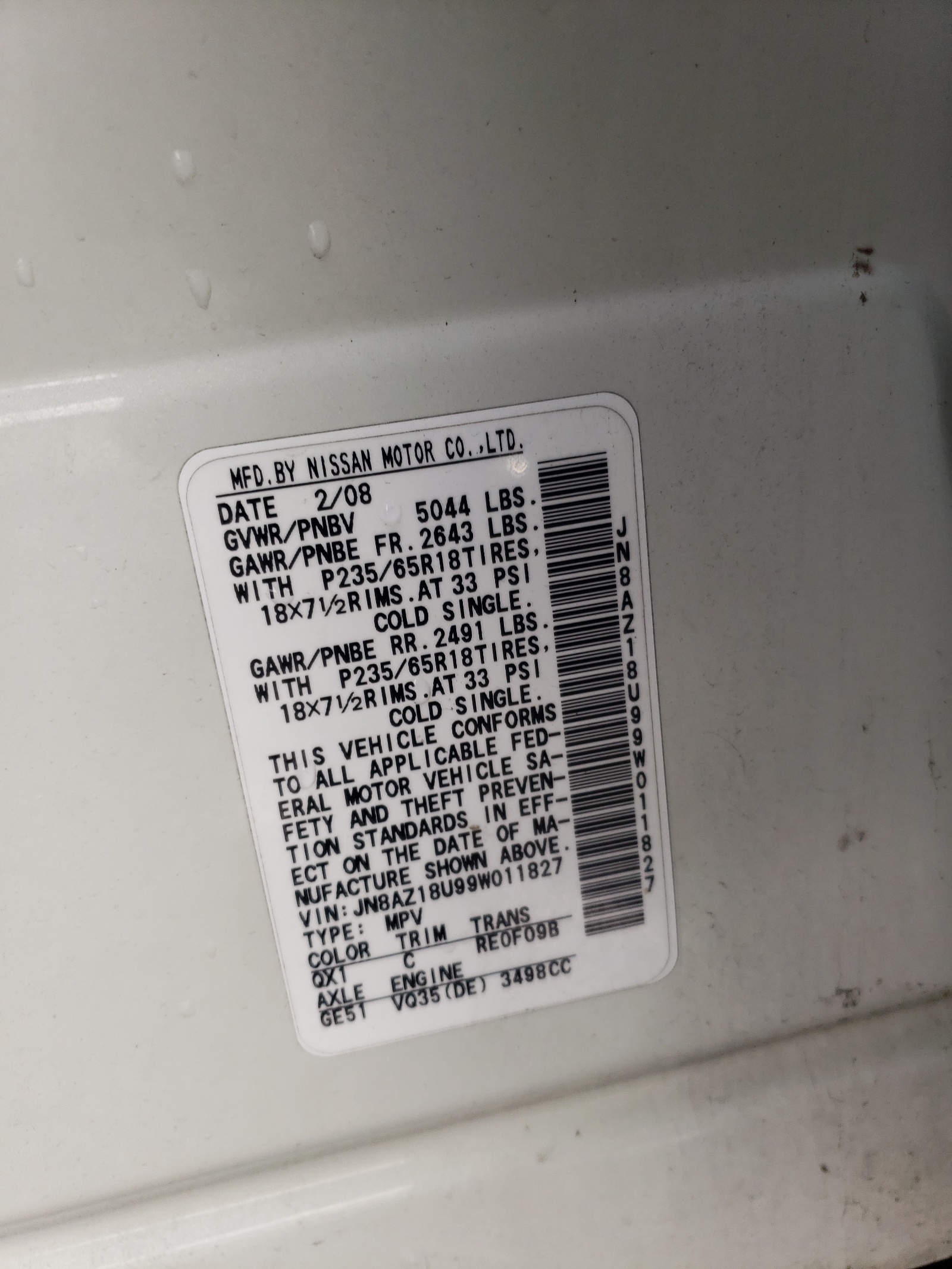 JN8AZ18U99W011827 2009 Nissan Murano S