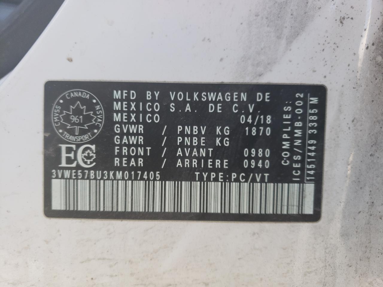 3VWE57BU3KM017405 2019 Volkswagen Jetta Sel