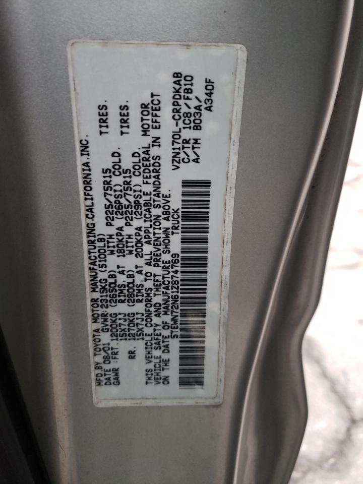 2001 Toyota Tacoma Xtracab VIN: 5TEWN72N61Z874769 Lot: 37261014