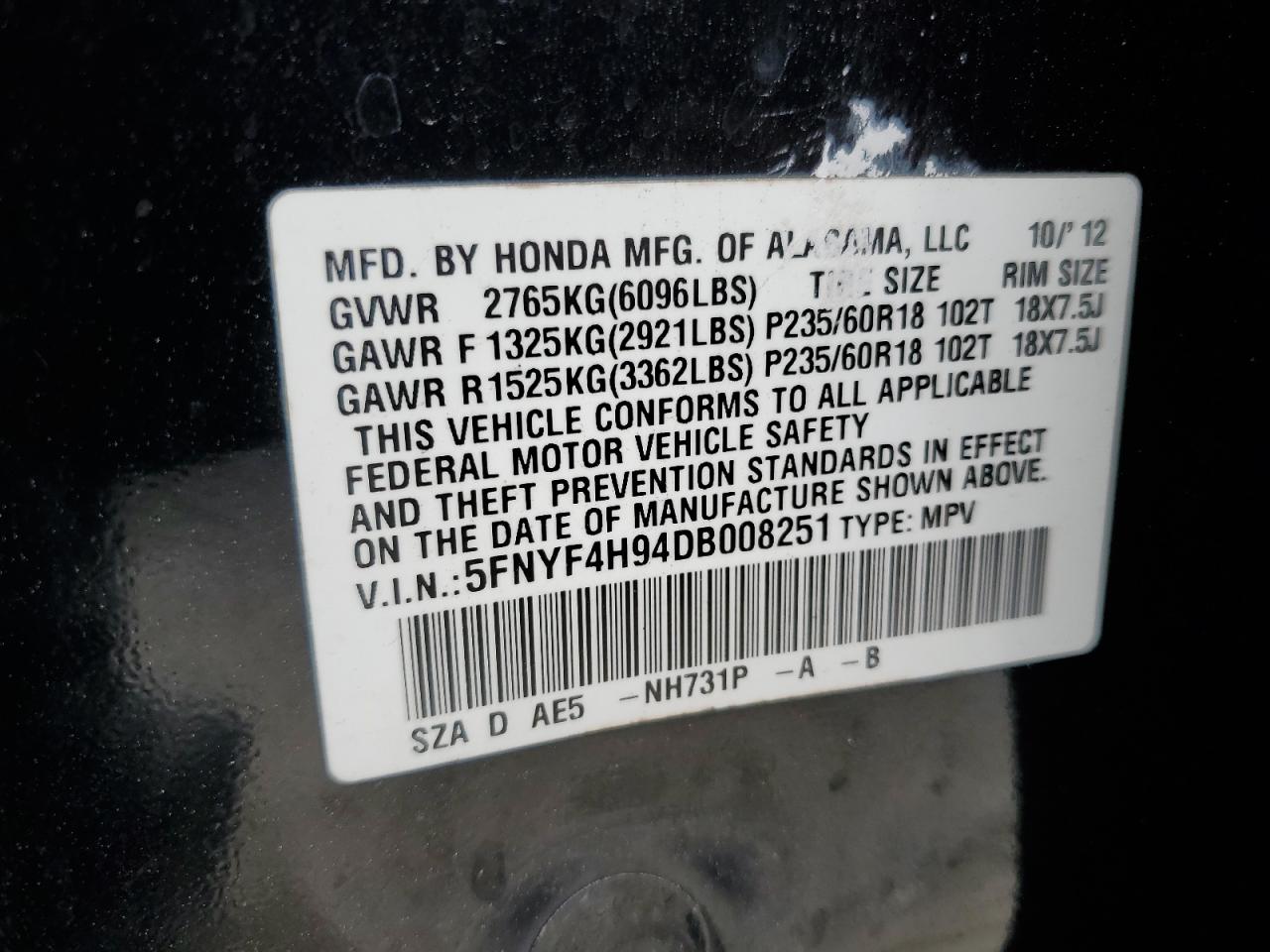 2013 Honda Pilot Touring VIN: 5FNYF4H94DB008251 Lot: 63120474