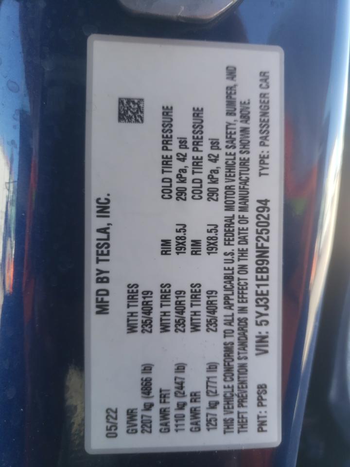 5YJ3E1EB9NF250294 2022 Tesla Model 3