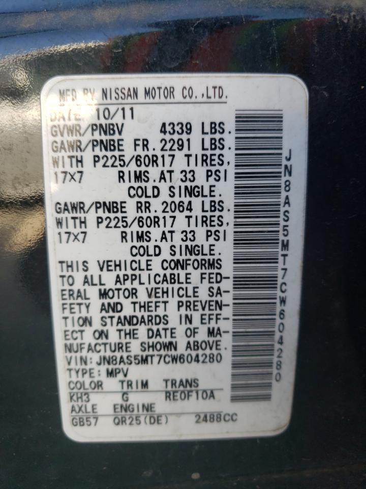 2012 Nissan Rogue S VIN: JN8AS5MT7CW604280 Lot: 38274774