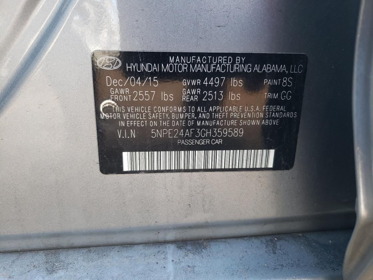 5NPE24AF3GH359589 2016 Hyundai Sonata Se