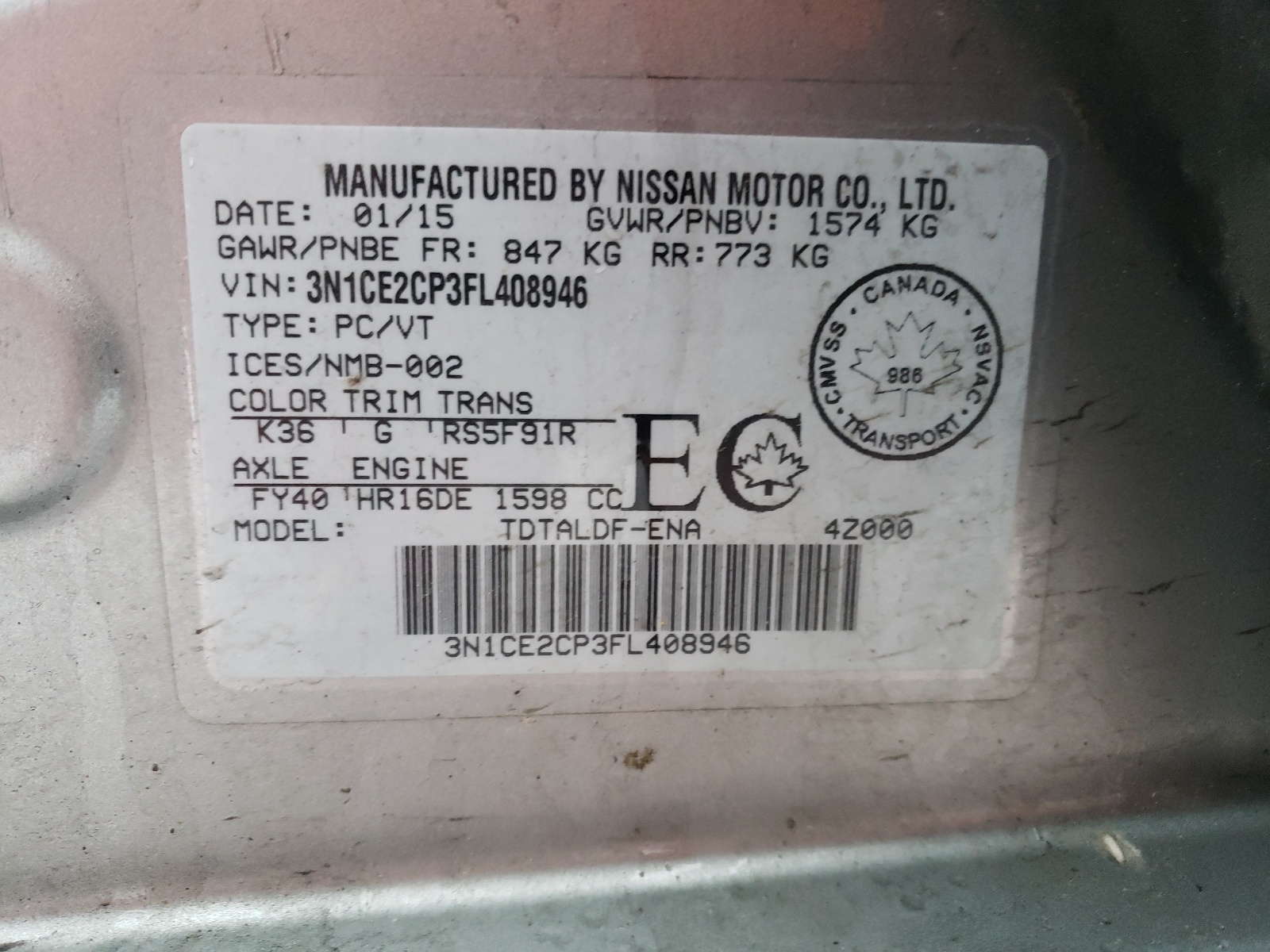 3N1CE2CP3FL408946 2015 Nissan Versa Note S