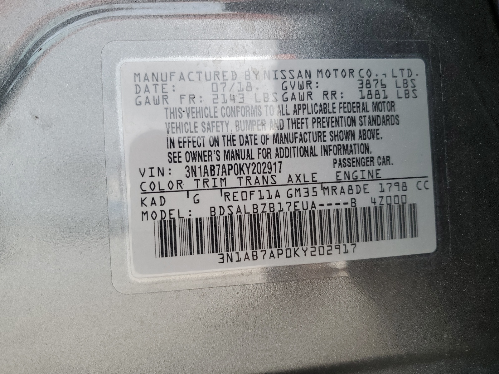 3N1AB7AP0KY202917 2019 Nissan Sentra S