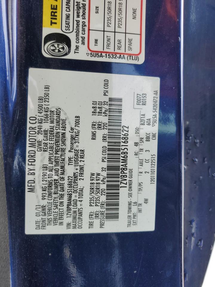 2011 Ford Mustang VIN: 1ZVBP8AM6B5168622 Lot: 38613034