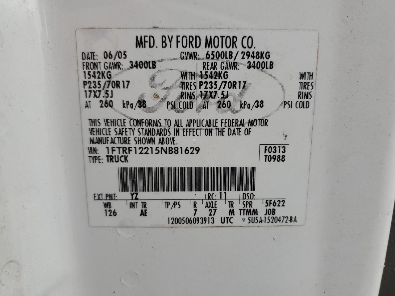 2005 Ford F150 VIN: 1FTRF12215NB81629 Lot: 39286954