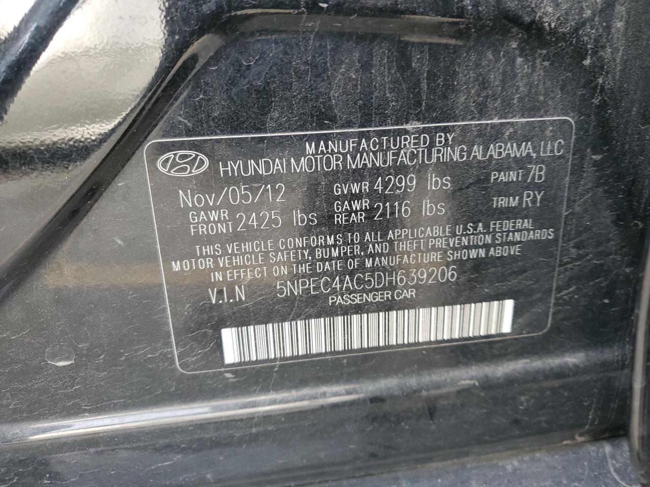 2013 Hyundai Sonata Se VIN: 5NPEC4AC5DH639206 Lot: 82309003