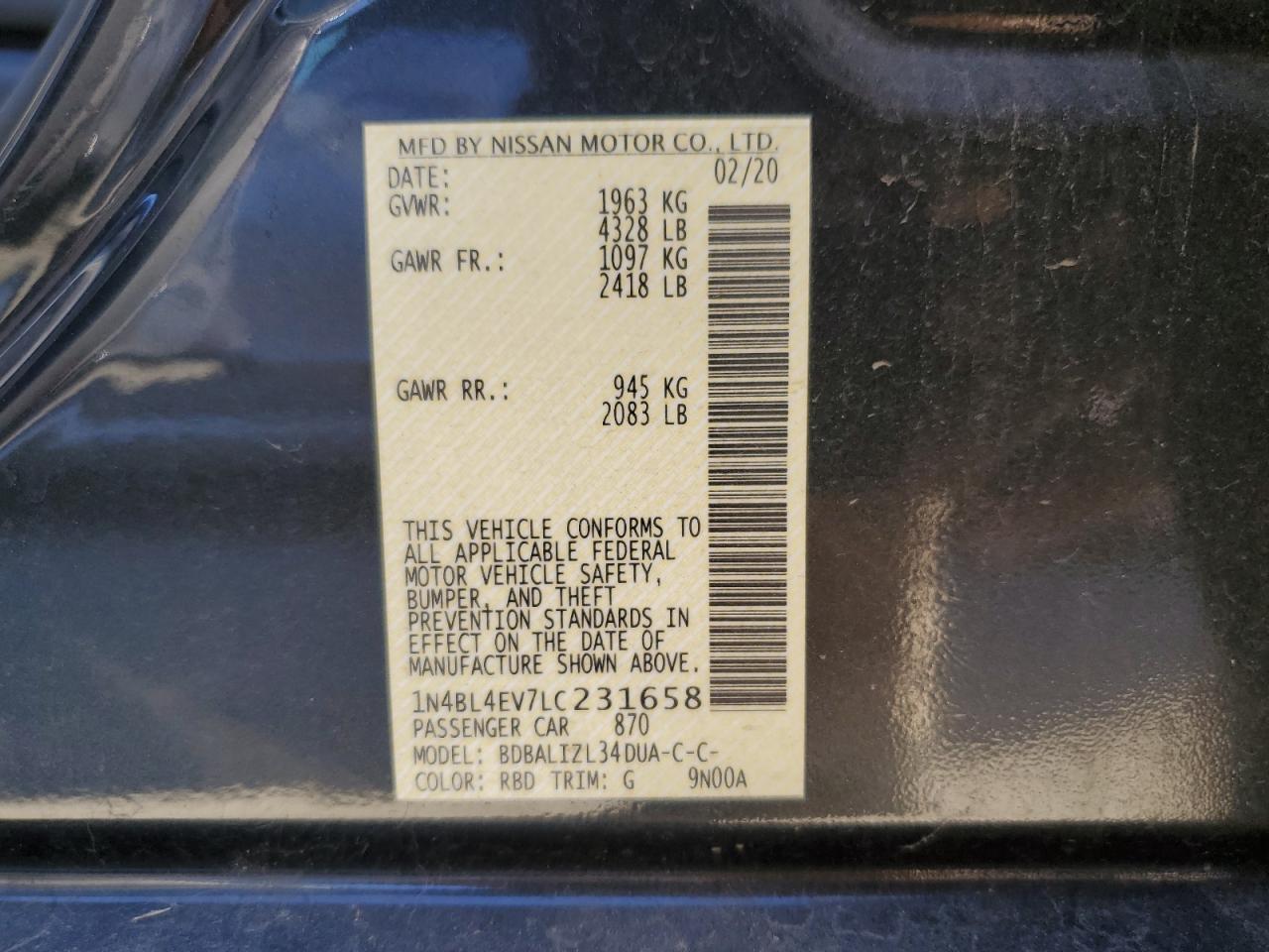 1N4BL4EV7LC231658 2020 Nissan Altima Sl