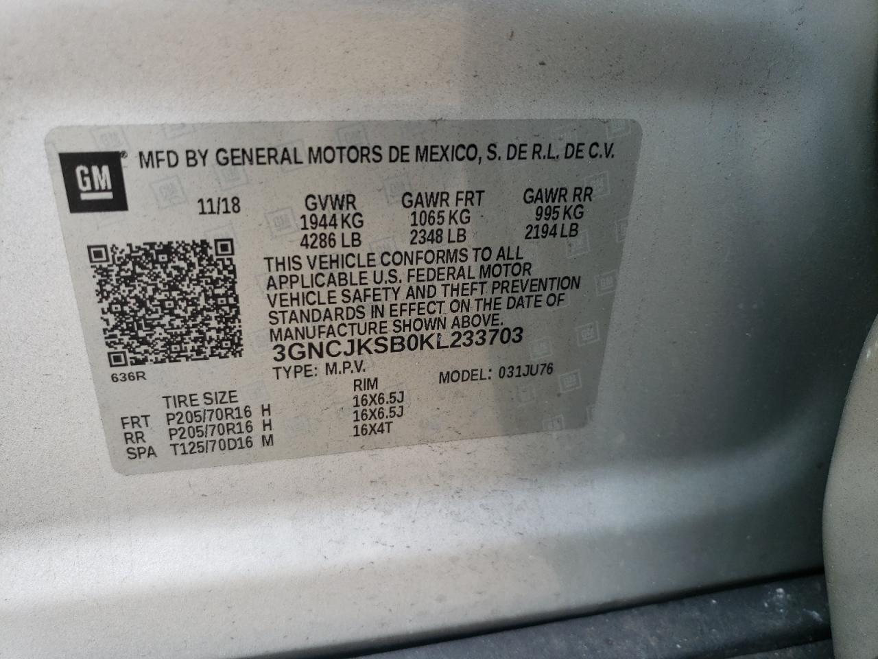 2019 Chevrolet Trax Ls VIN: 3GNCJKSB0KL233703 Lot: 59200474