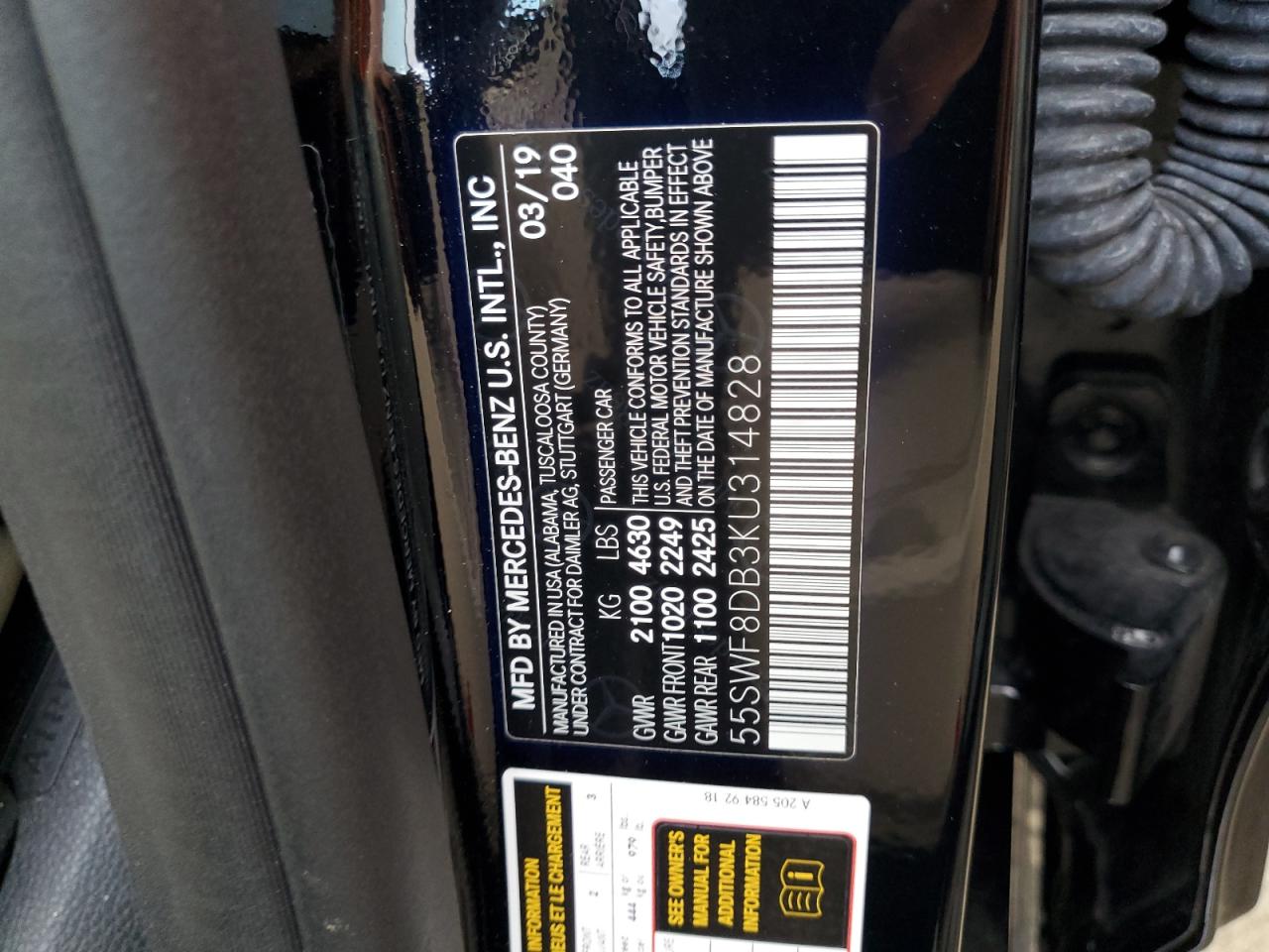 2019 Mercedes-Benz C 300 VIN: 55SWF8DB3KU314828 Lot: 36805854