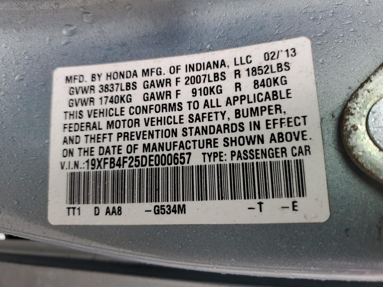 2013 Honda Civic Hybrid VIN: 19XFB4F25DE000657 Lot: 54668124