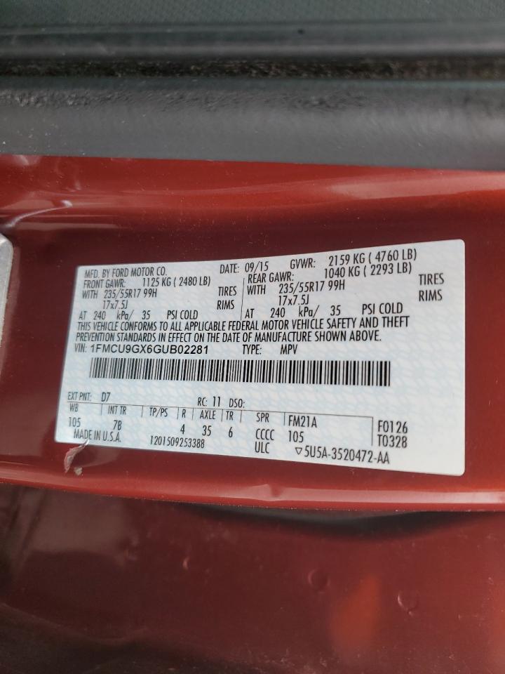 2016 Ford Escape Se VIN: 1FMCU9GX6GUB02281 Lot: 39496324