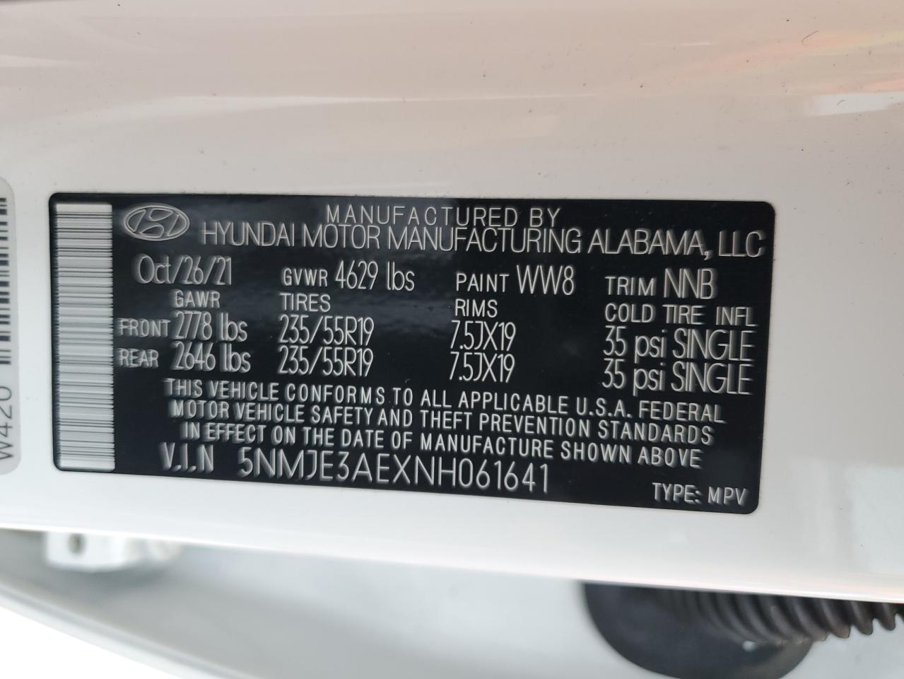 2022 Hyundai Tucson Limited VIN: 5NMJE3AEXNH061641 Lot: 51535204