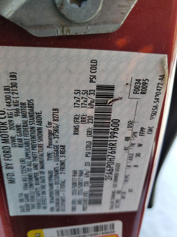 2017 Ford Fusion Se VIN: 3FA6P0H76HR199600 Lot: 38131734