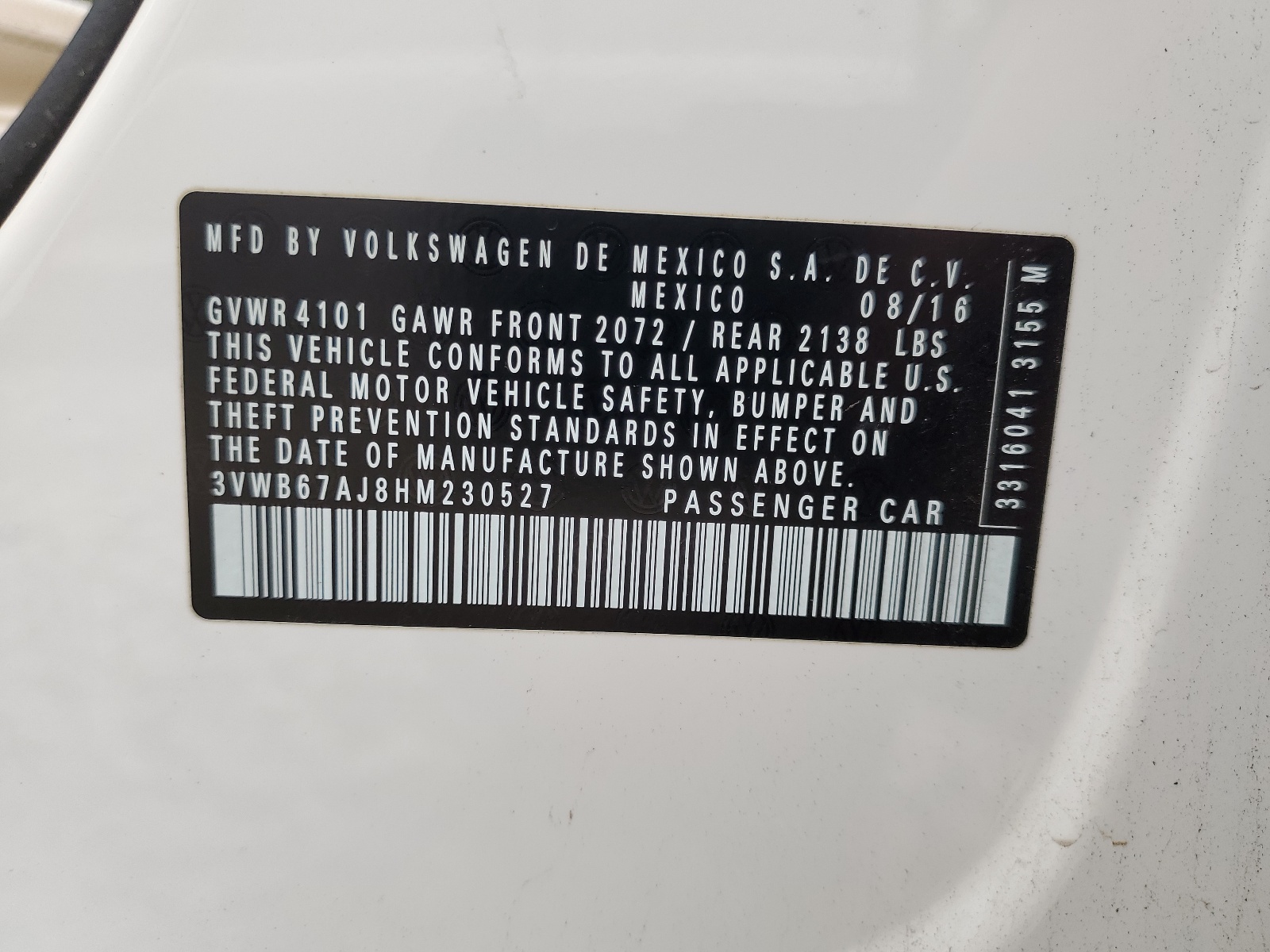 3VWB67AJ8HM230527 2017 Volkswagen Jetta Se