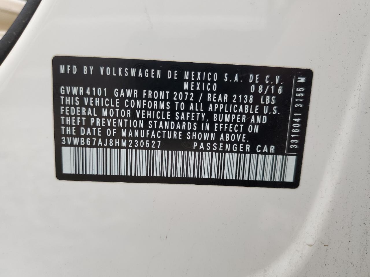 2017 Volkswagen Jetta Se VIN: 3VWB67AJ8HM230527 Lot: 40382984