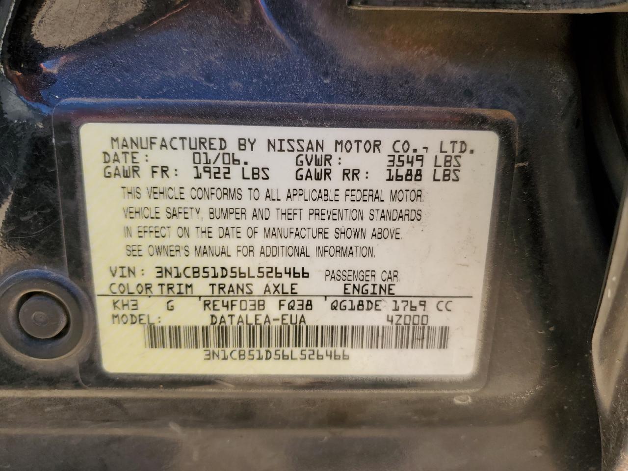 3N1CB51D56L526466 2006 Nissan Sentra 1.8