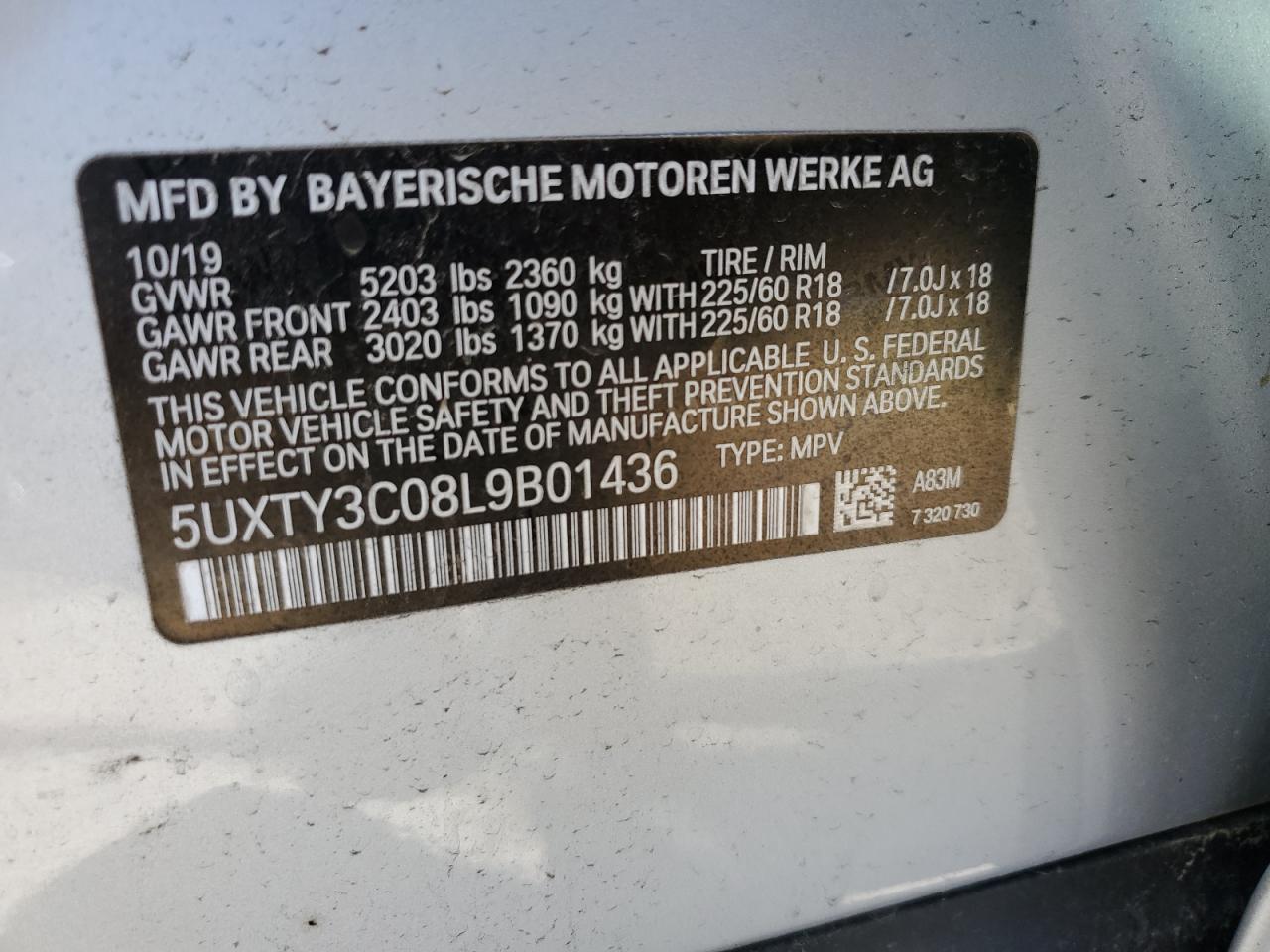 2020 BMW X3 Sdrive30I VIN: 5UXTY3C08L9B01436 Lot: 37883384