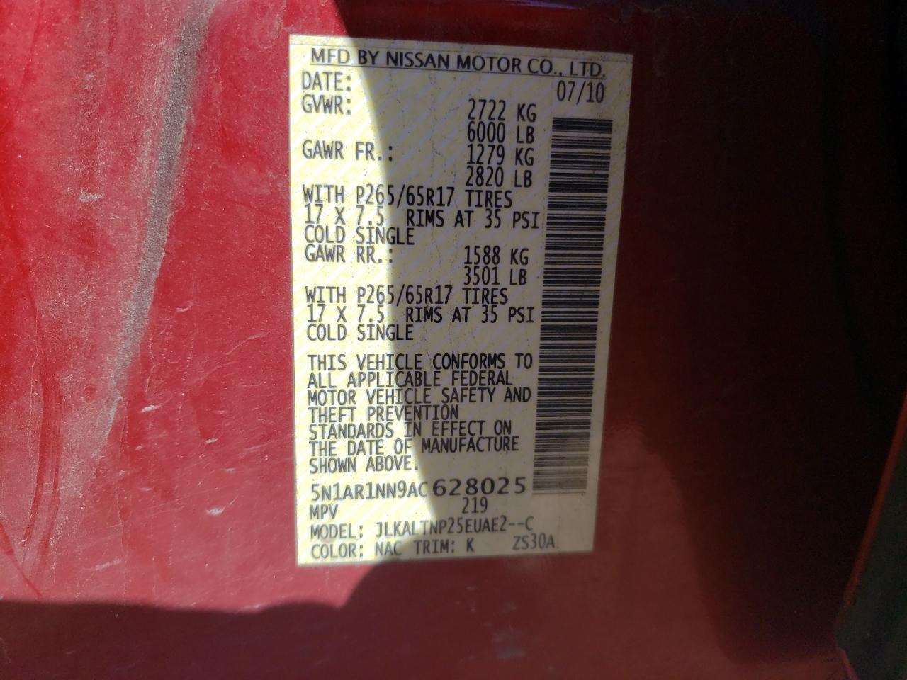 2010 Nissan Pathfinder S VIN: 5N1AR1NN9AC628025 Lot: 40688514