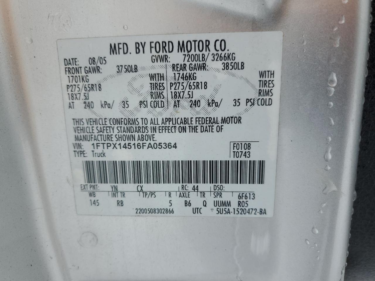 2006 Ford F150 VIN: 1FTPX14516FA05364 Lot: 39166404