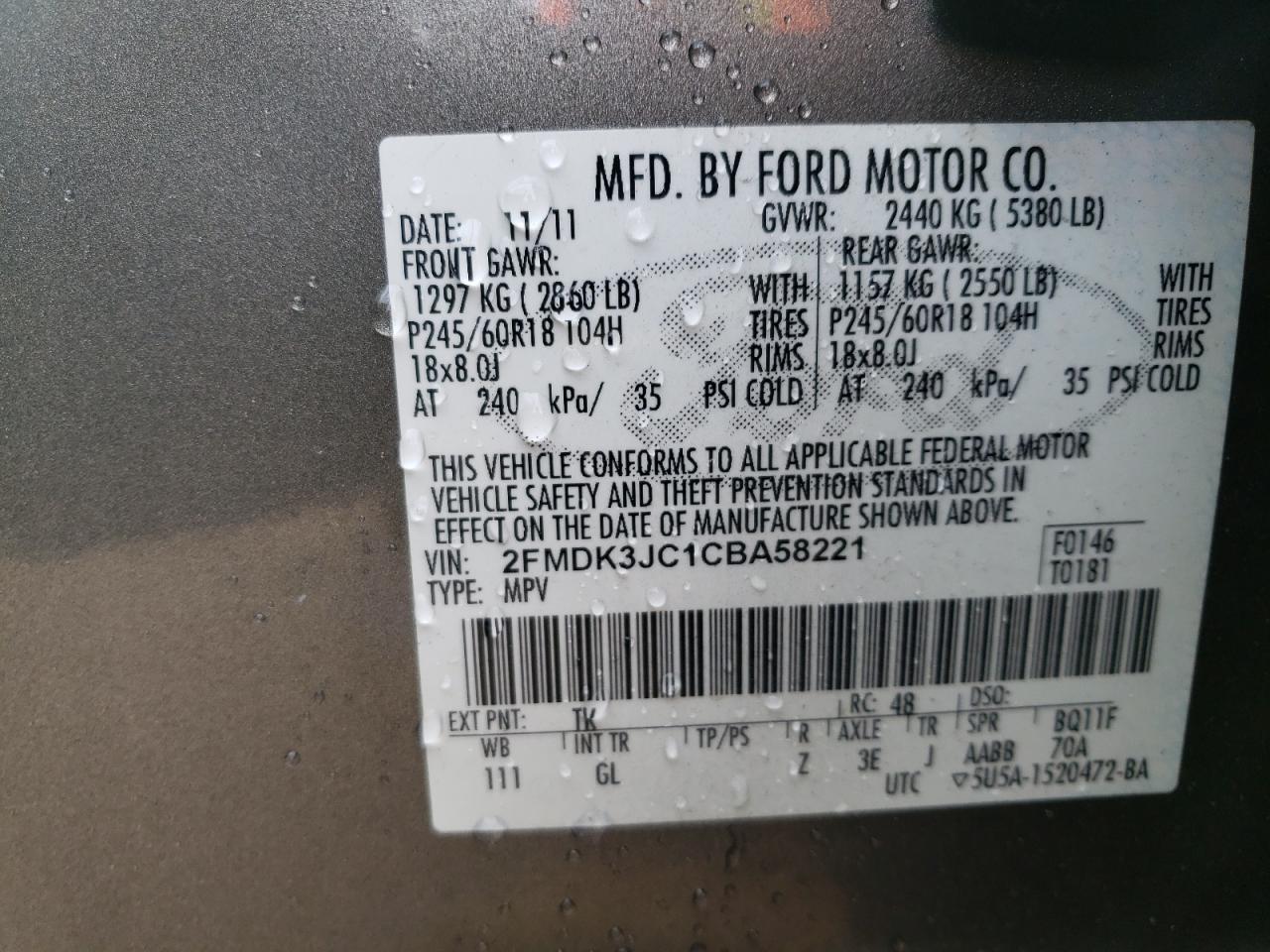 2012 Ford Edge Sel VIN: 2FMDK3JC1CBA58221 Lot: 37349854