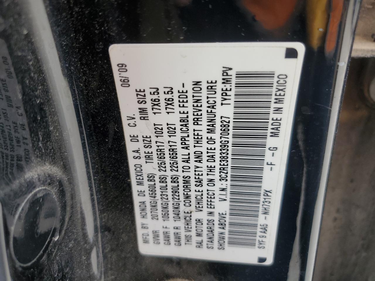 2009 Honda Cr-V Lx VIN: 3CZRE38339G706827 Lot: 39120024