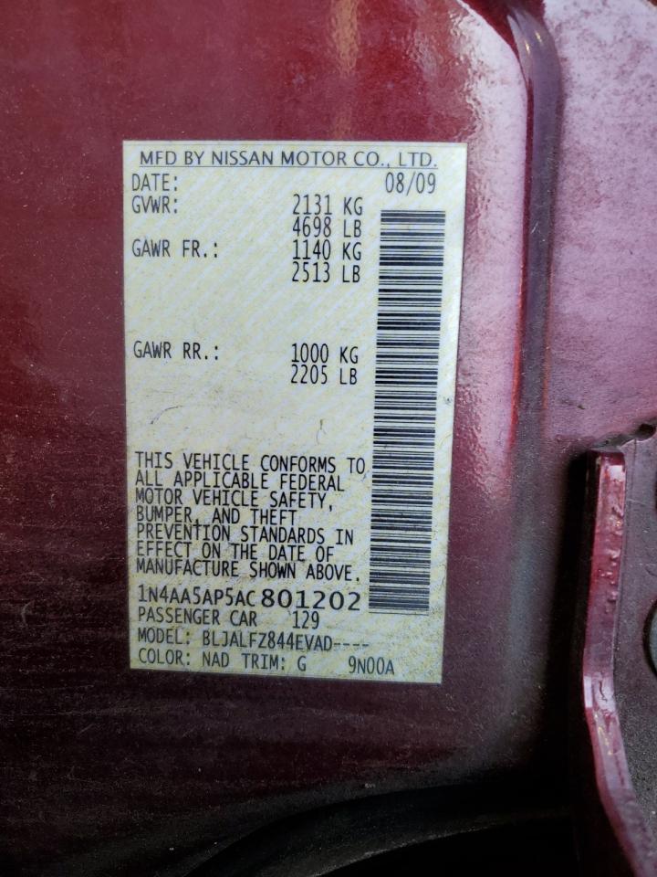 2010 Nissan Maxima S VIN: 1N4AA5AP5AC801202 Lot: 65836094