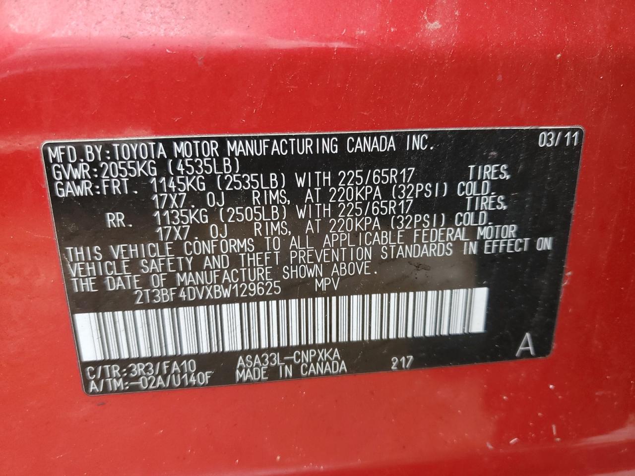 2011 Toyota Rav4 VIN: 2T3BF4DVXBW129625 Lot: 40299304