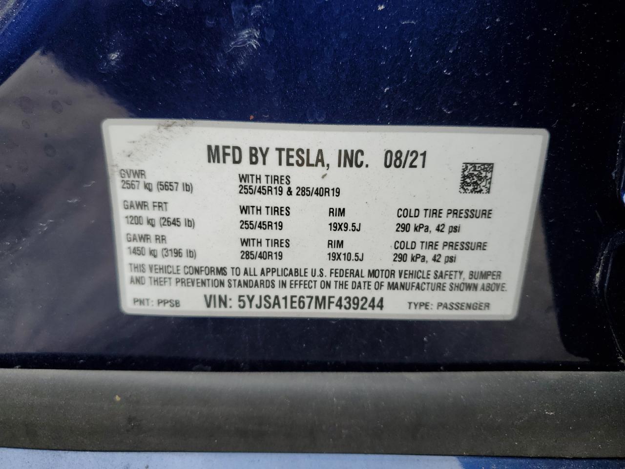 2021 Tesla Model S VIN: 5YJSA1E67MF439244 Lot: 38926824