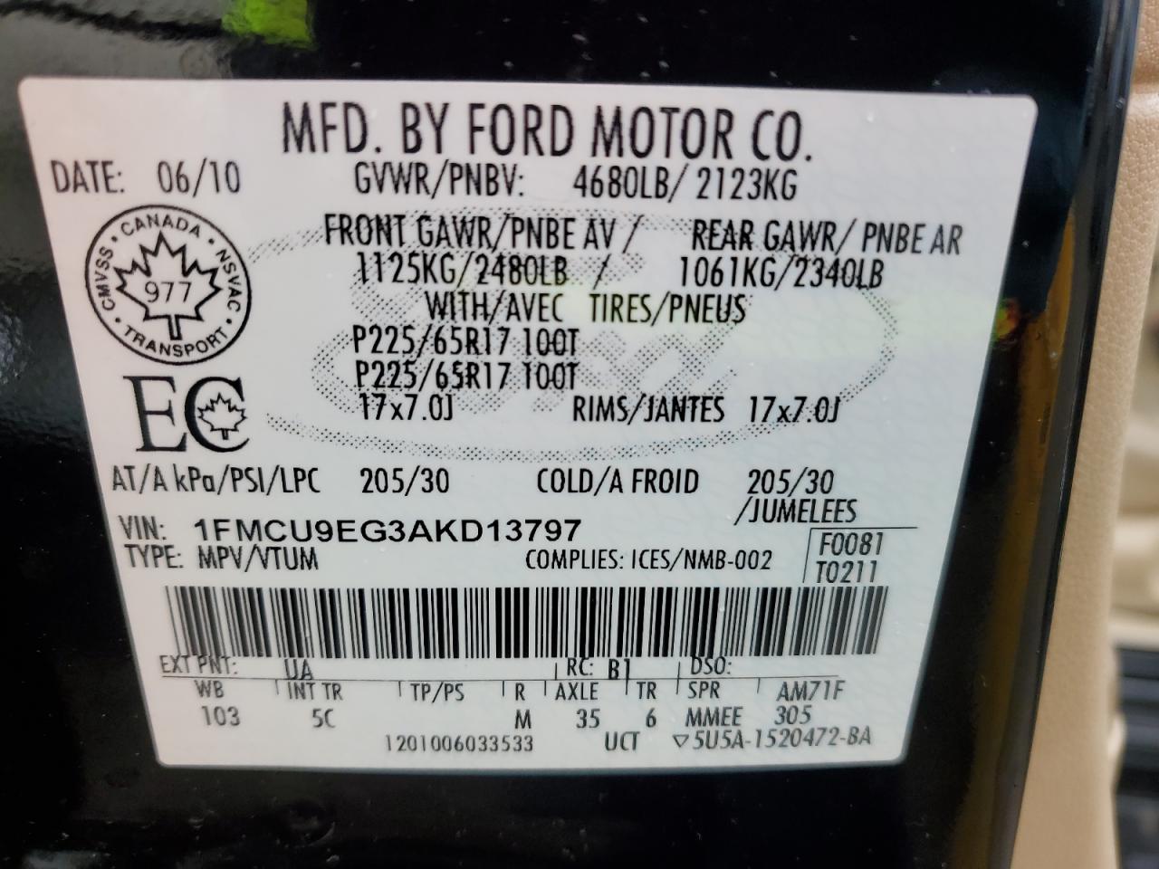 2010 Ford Escape Limited VIN: 1FMCU9EG3AKD13797 Lot: 40614564