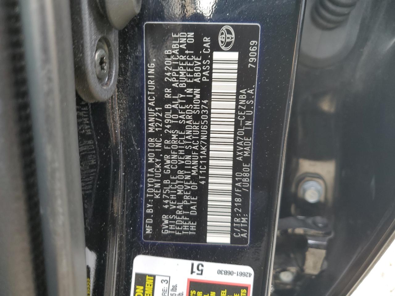 4T1C11AK7NU650374 2022 Toyota Camry Le