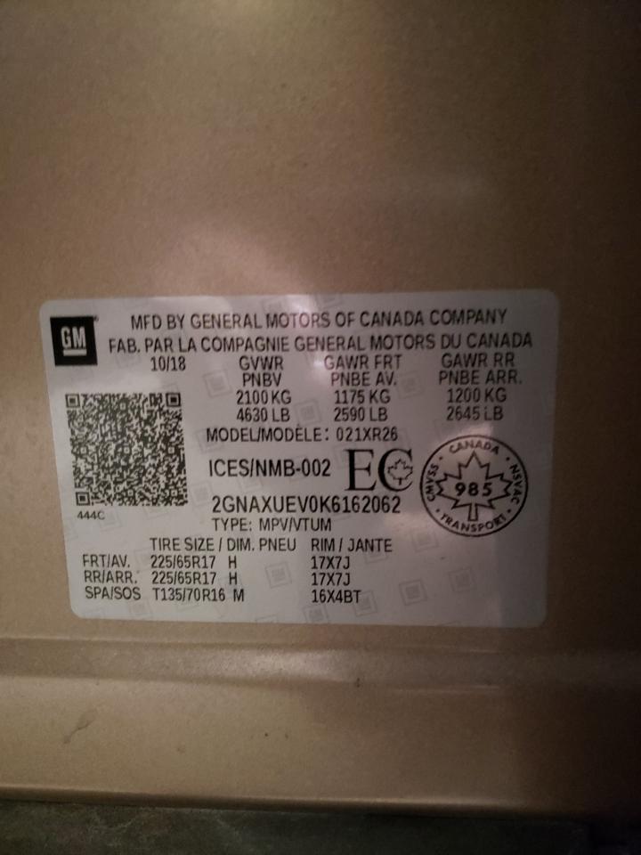 2019 Chevrolet Equinox Lt VIN: 2GNAXUEV0K6162062 Lot: 38317674