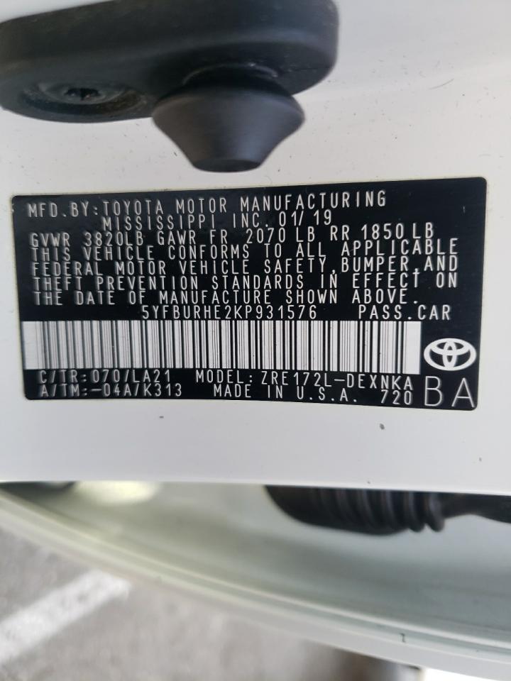 2019 Toyota Corolla L VIN: 5YFBURHE2KP931576 Lot: 51229094